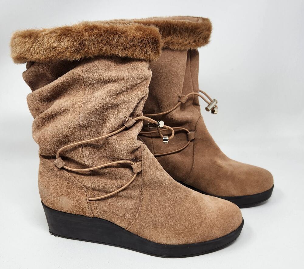 Suede Leather Tall Pull On Wedge Boots Tan Womens Size 7 - H by Halston